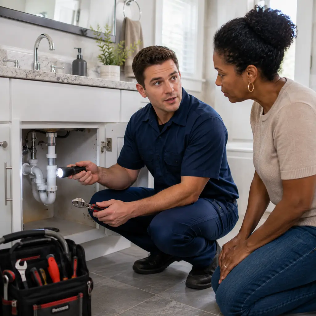 Licensed American plumber inspecting a bathroom plumbing issue while explaining the repair to a homeowner.