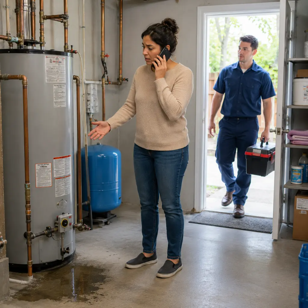 American homeowner calling a professional plumber after discovering a leaking residential water heater.