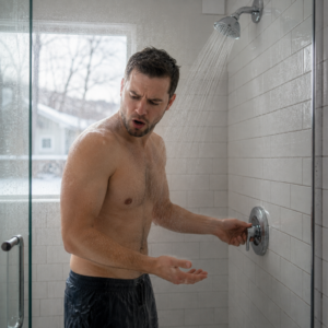 American homeowner reacting as a hot shower suddenly turns cold in a modern bathroom.