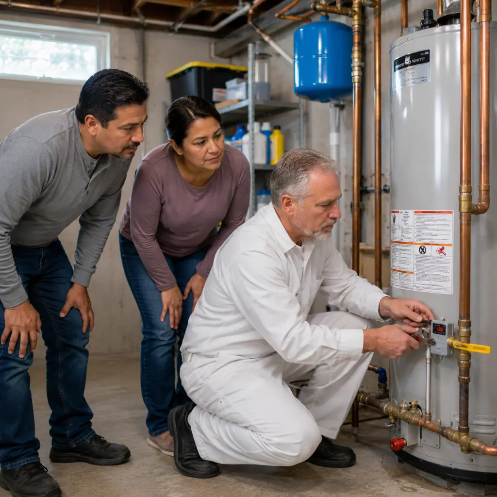 Licensed American plumber inspecting a residential water heater to diagnose hot water problems.