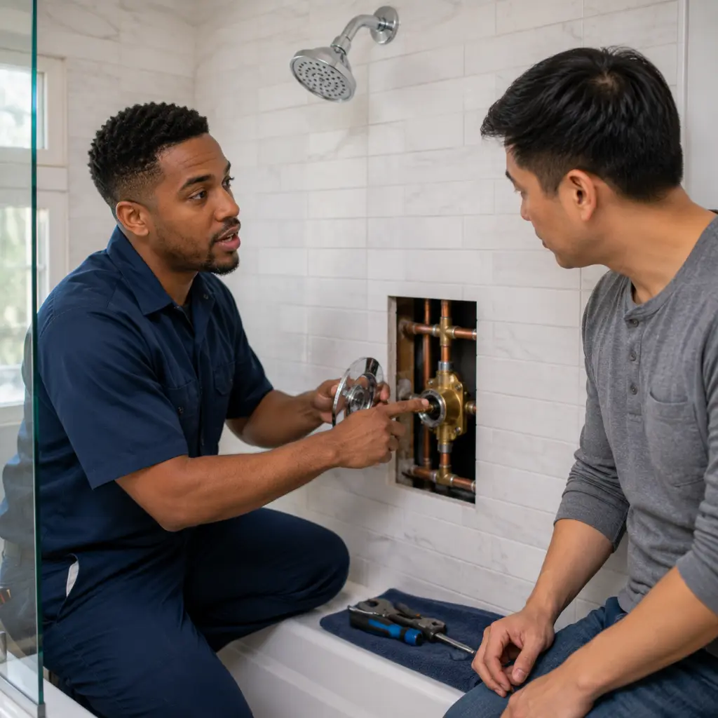 Professional American plumber inspecting a faulty shower mixing valve to fix a shower that suddenly turns cold.