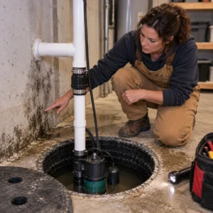Technician inspecting mold and moisture around open basement sump pit.