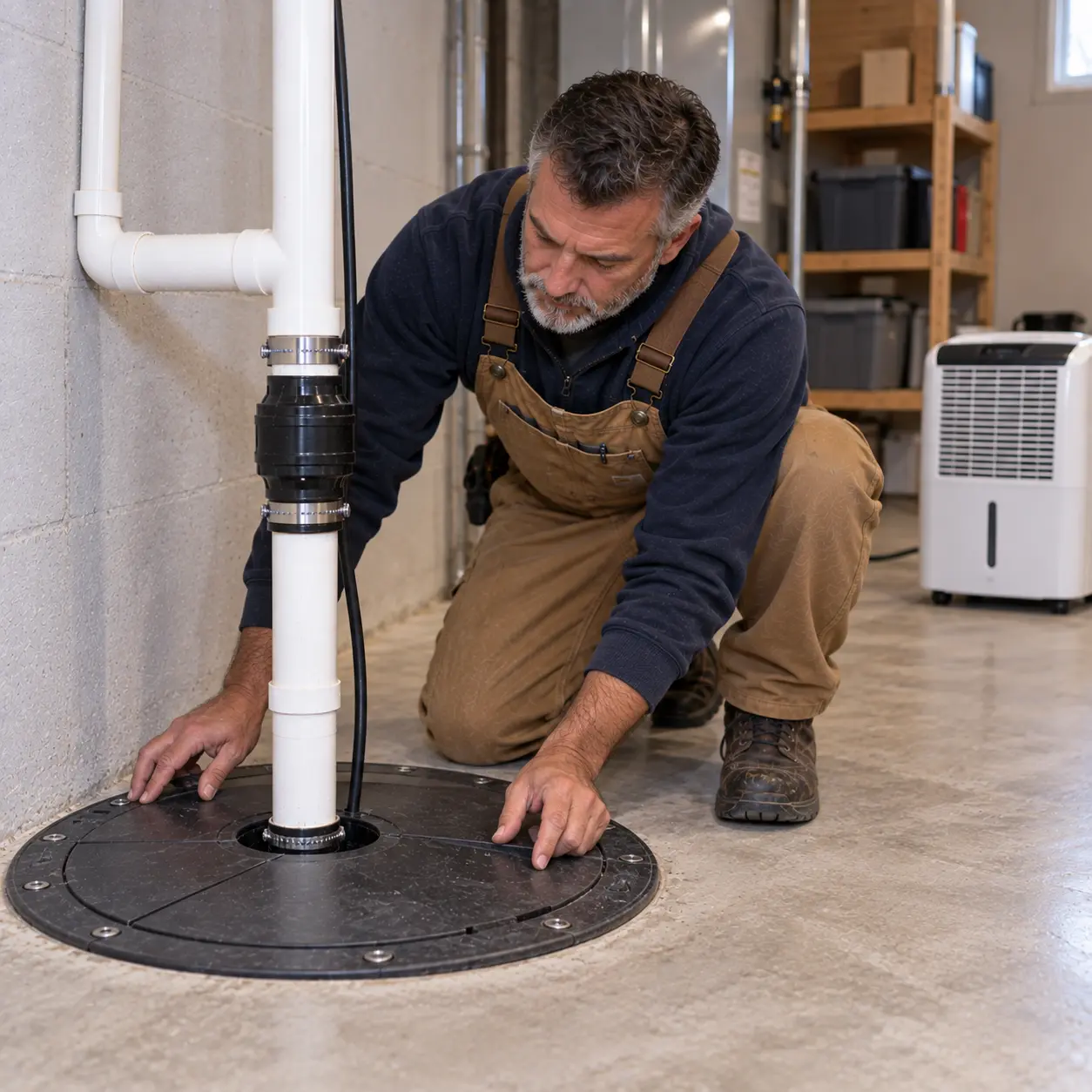 Plumber finding leaking sump pump connection causing moisture and mold.