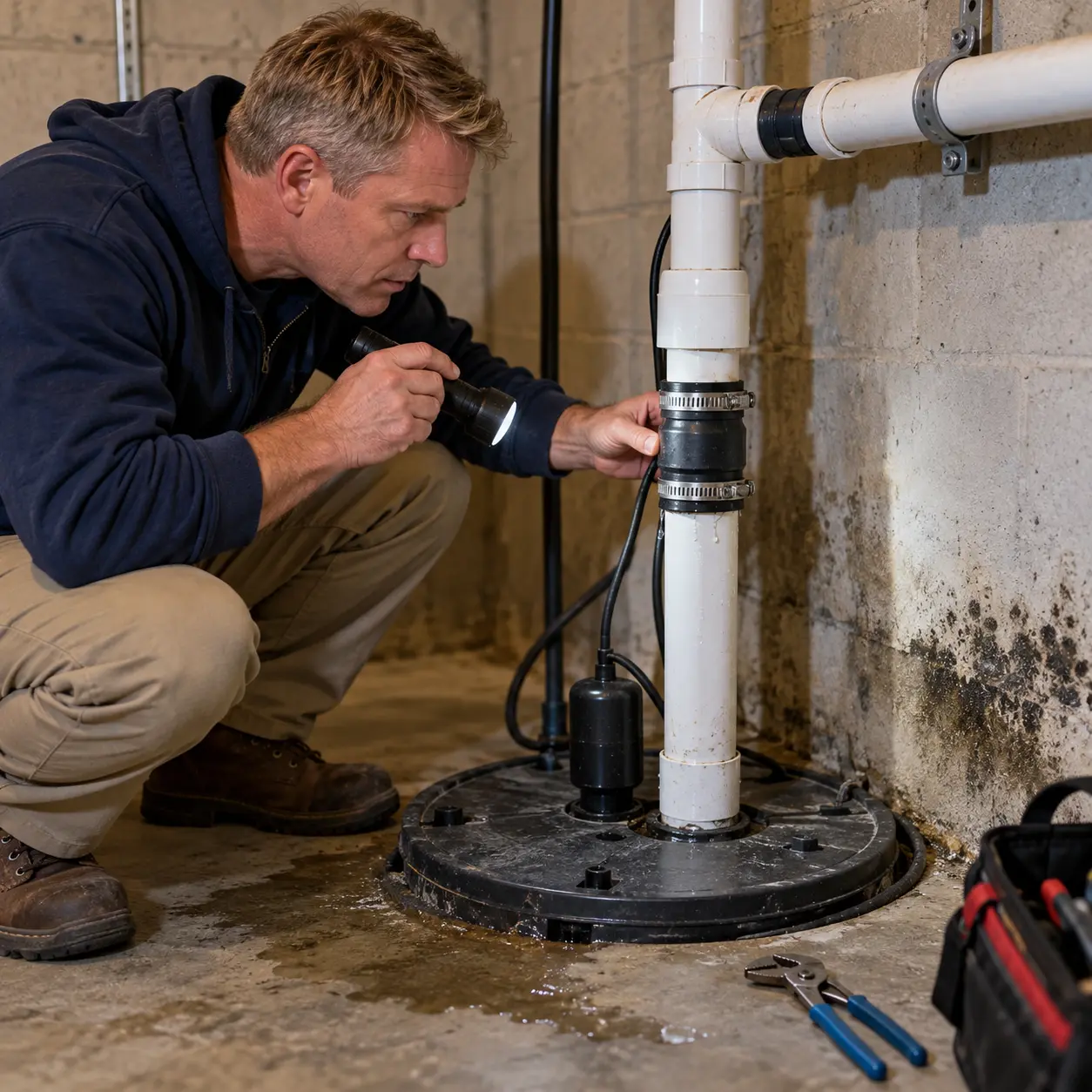 Technician sealing sump pump pit to prevent recurring basement mold.