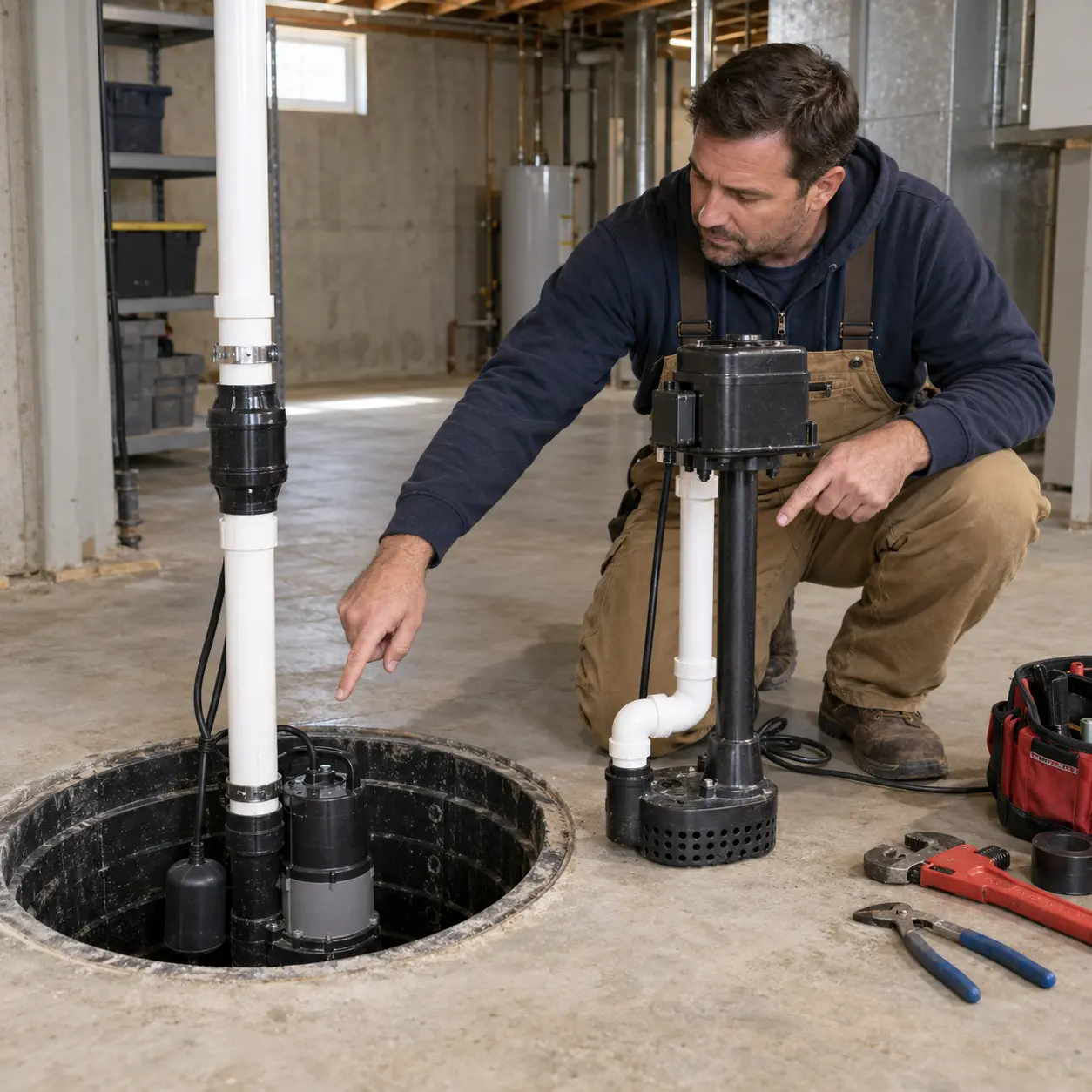 Technician comparing submersible and pedestal sump pumps in Michigan basement.