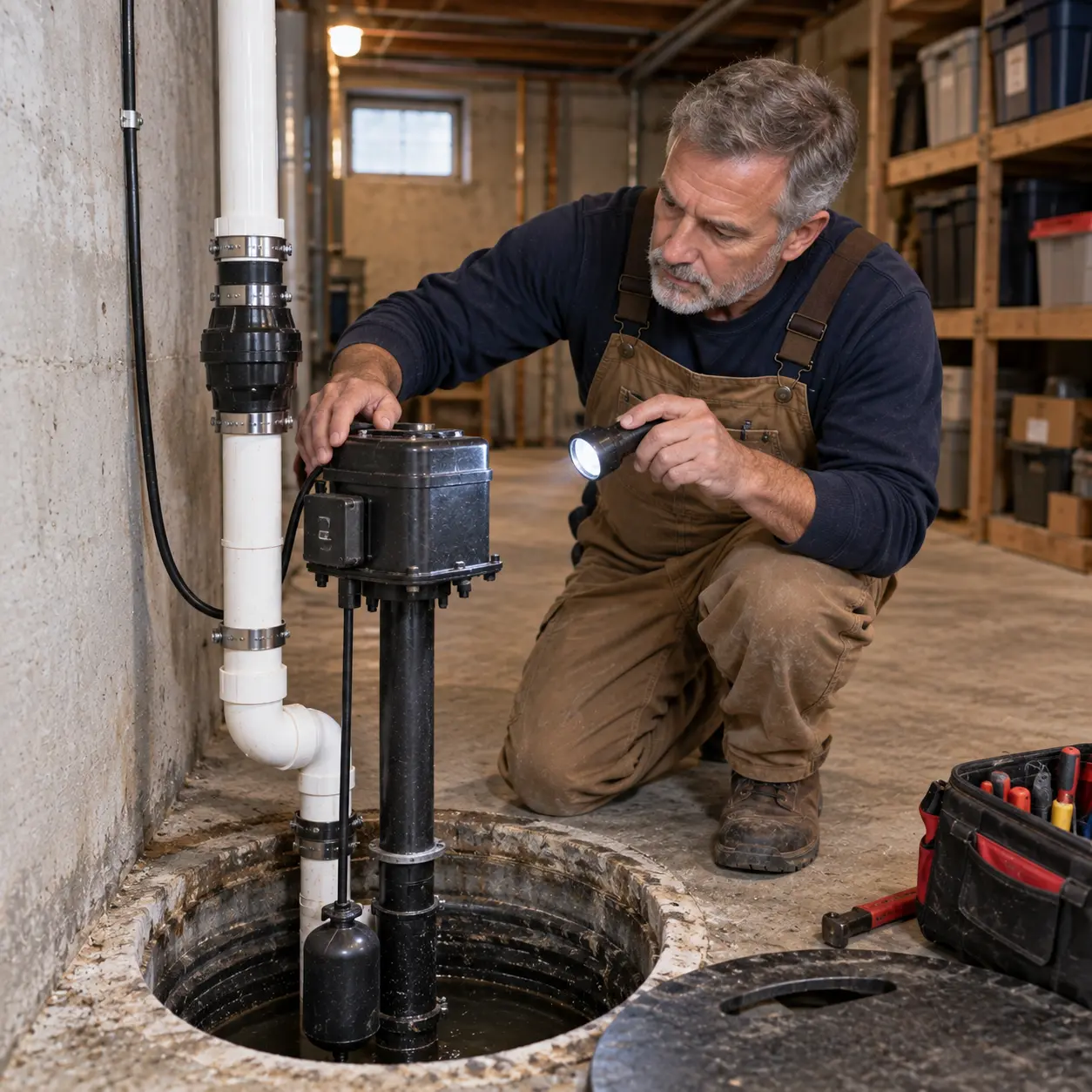 Plumber inspecting pedestal sump pump inside narrow Northville basement pit.  
