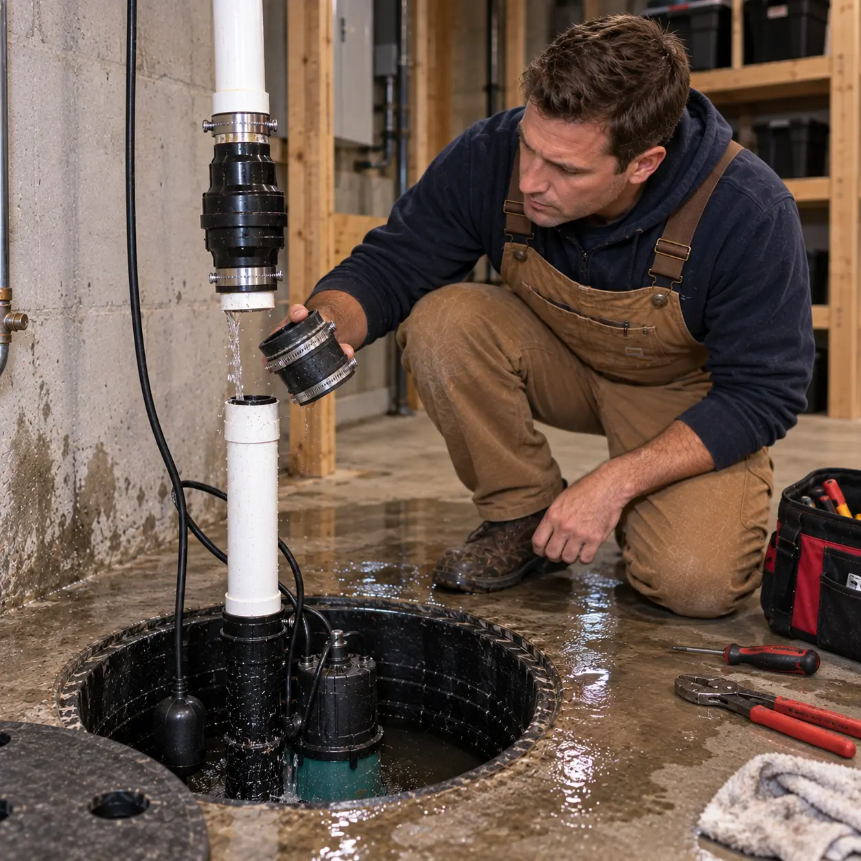 Plumber inspecting disconnected sump pump discharge pipe on basement floor.