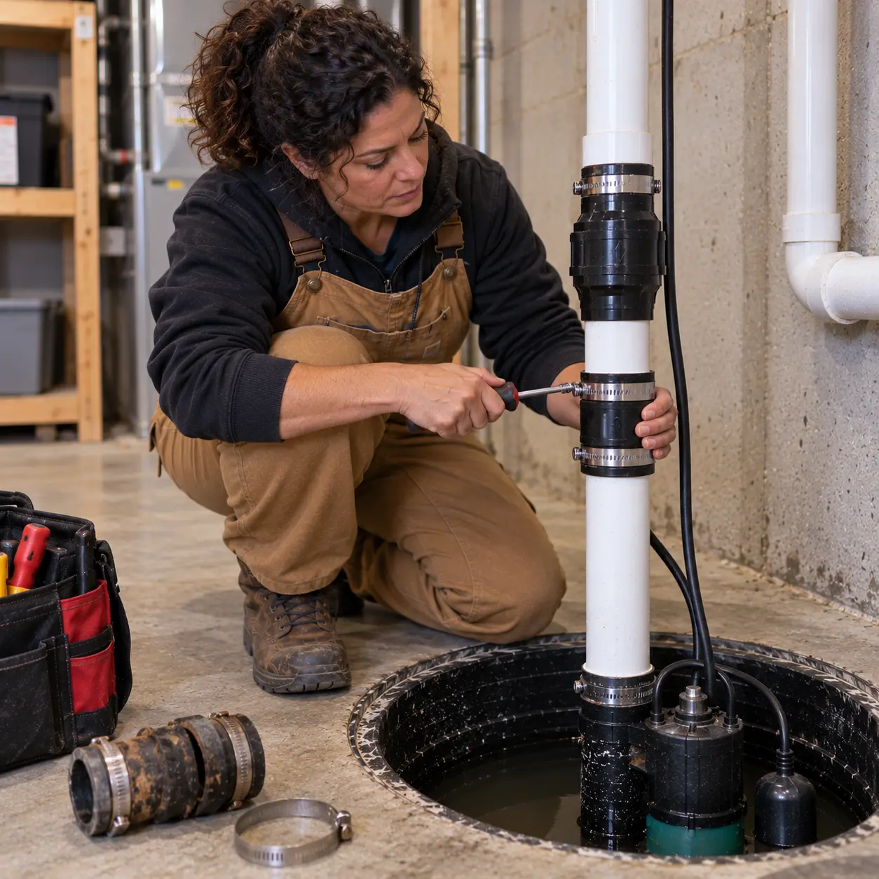 Technician replacing damaged coupling on disconnected sump pump discharge pipe.