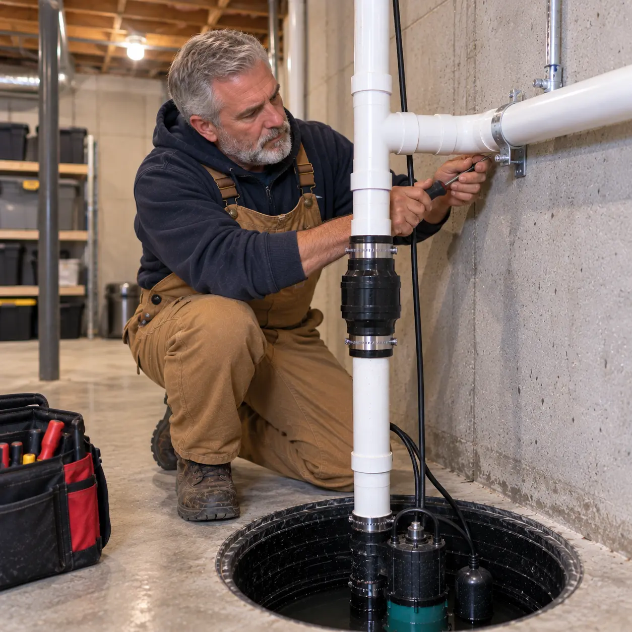 Michigan plumber securing repaired sump pump discharge pipe against vibration.