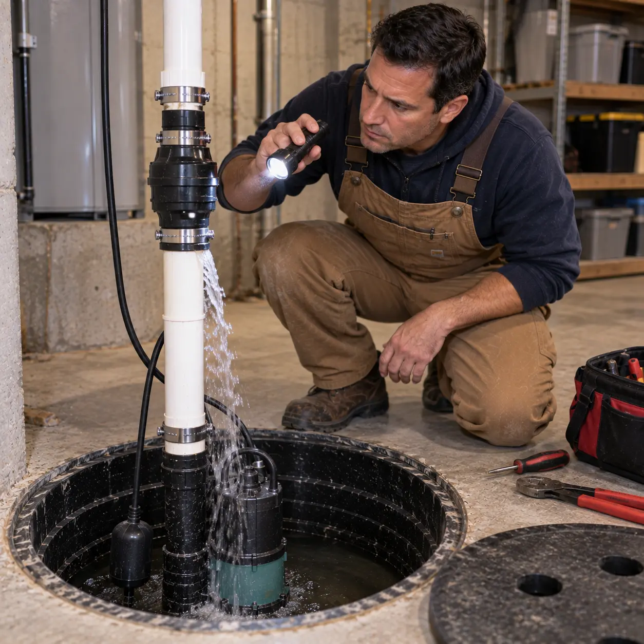 Plumber diagnosing sump pump discharge water returning into basement pit.