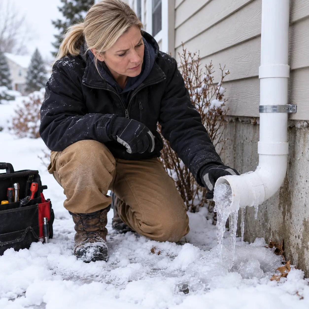 Michigan technician inspecting frozen sump pump discharge pipe near foundation.