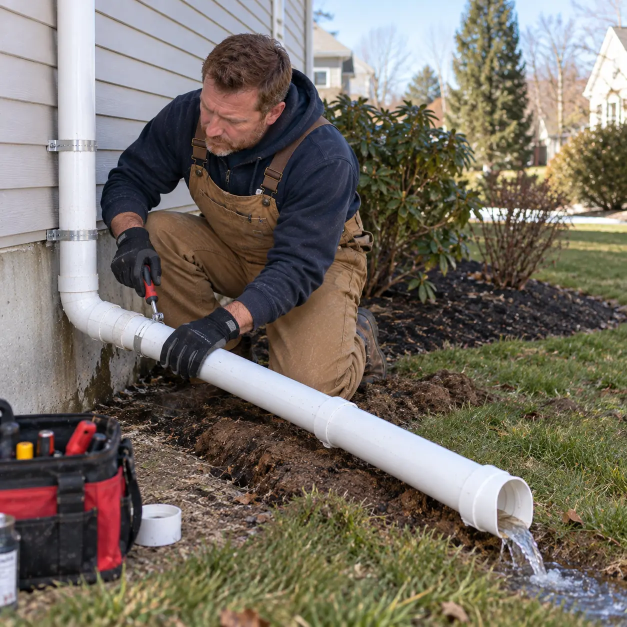 Plumber extending sump pump discharge pipe safely away from foundation. 

