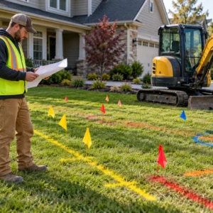 Workers check marked underground utilities before gas line excavation begins.