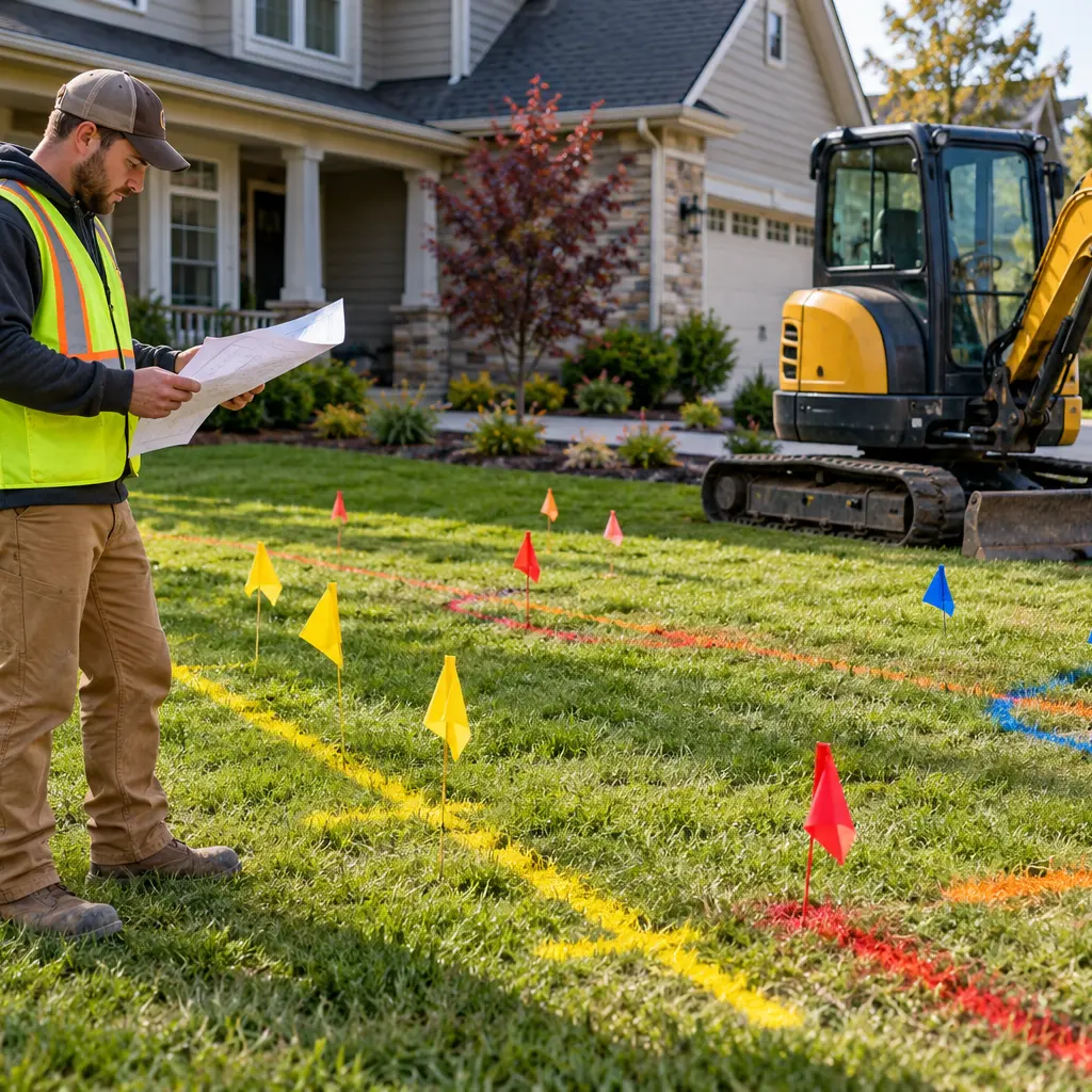 Workers check marked underground utilities before gas line excavation begins.