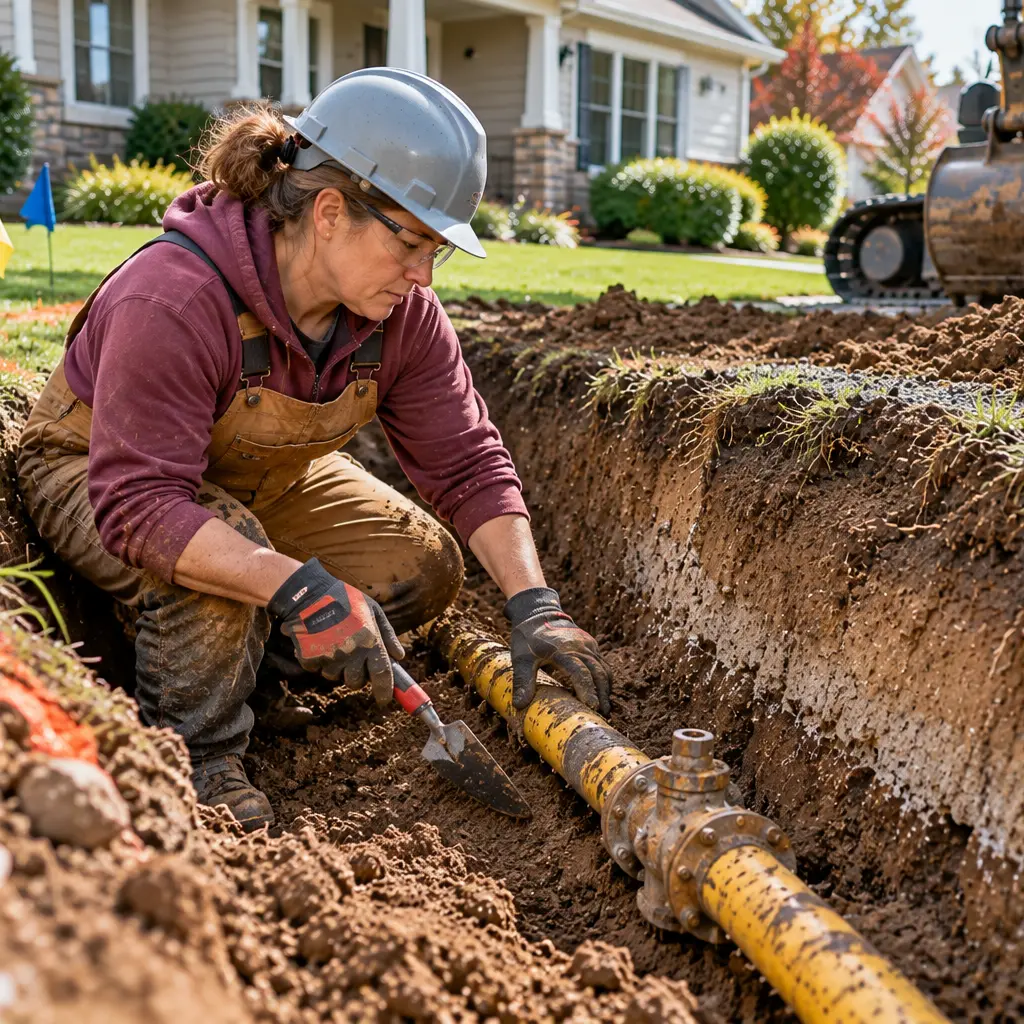 Professionals carefully expose underground gas lines during residential excavation work.
