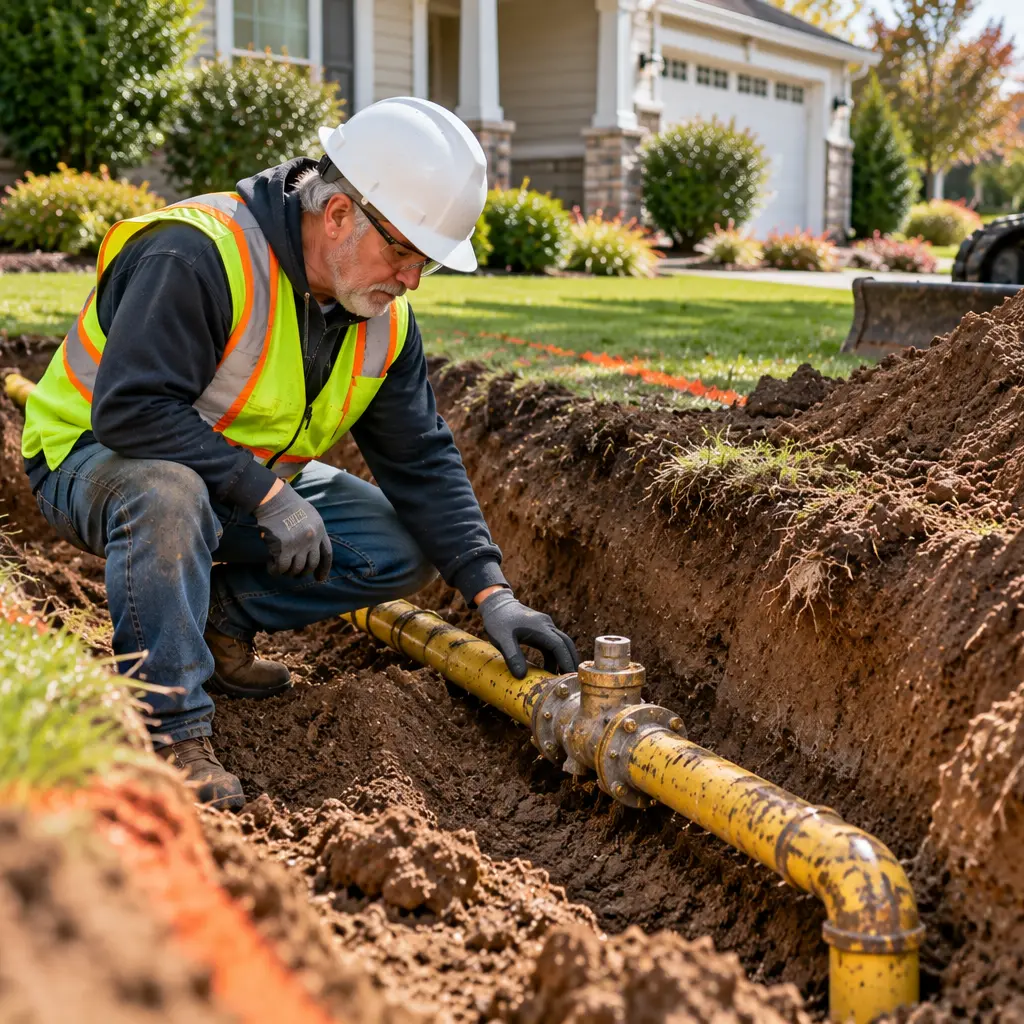 Technician inspects exposed underground gas pipe after careful yard excavation.