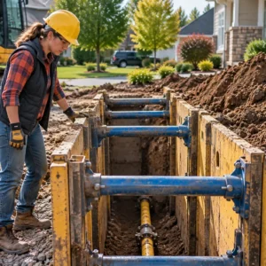 Worker inspects unstable trench walls for potential soil collapse hazards.