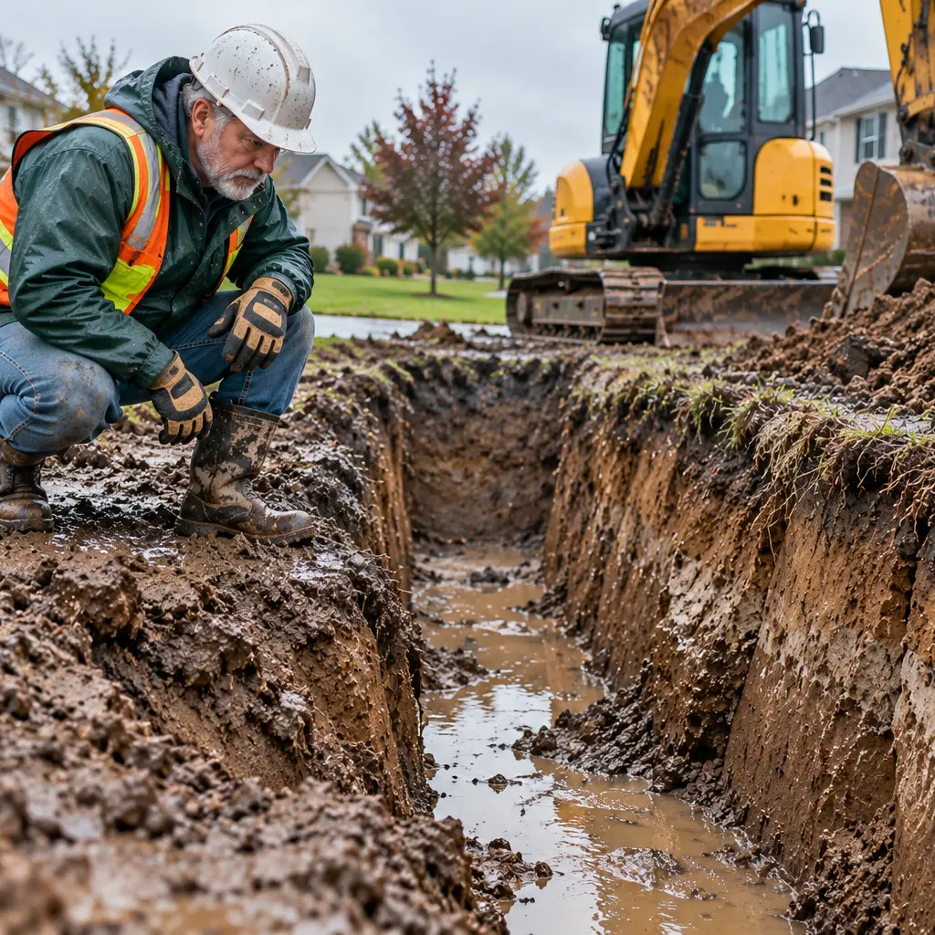 Worker checks water accumulation and unstable soil around excavation trench.