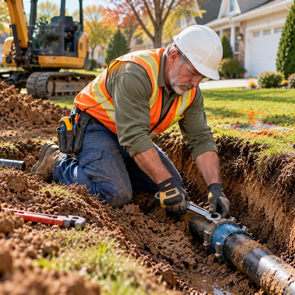 Plumber locating buried water pipes before digging begins.