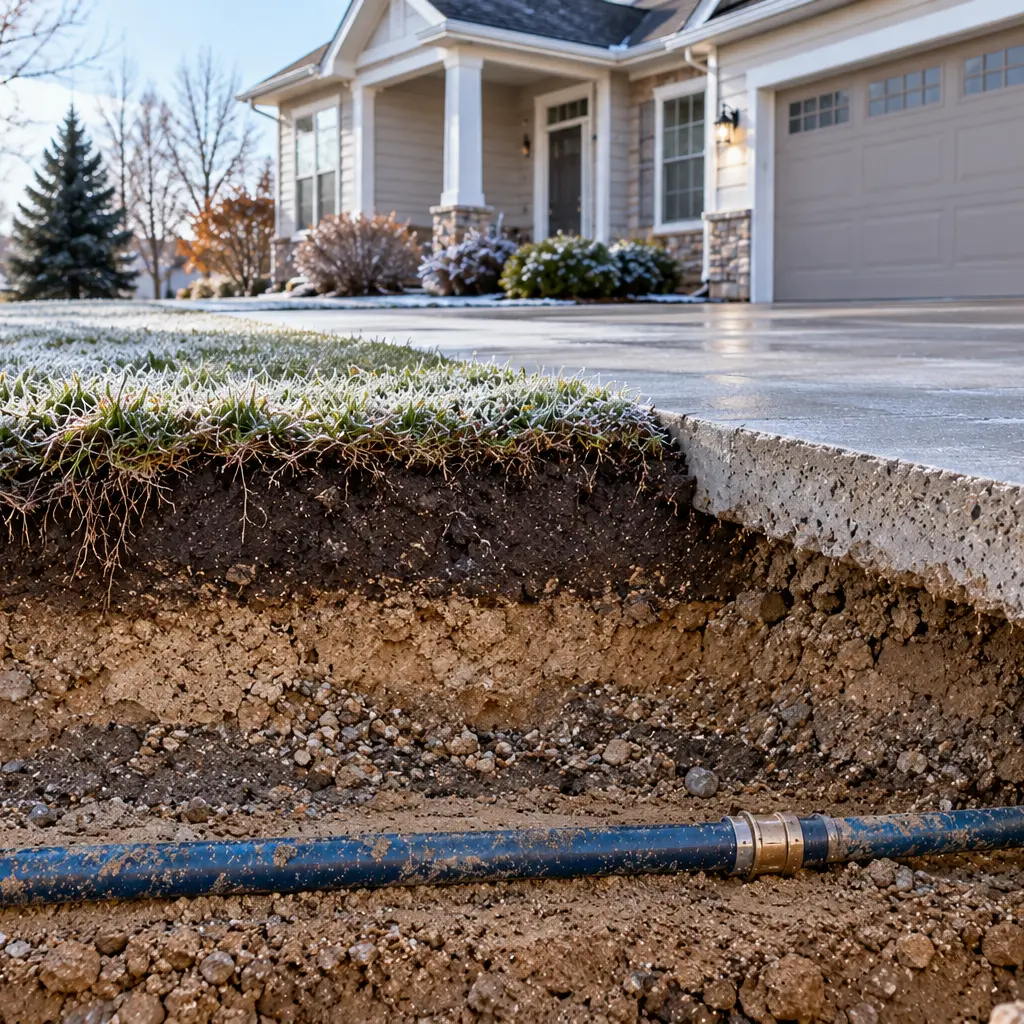 Water supply pipe uncovered in a residential yard excavation.