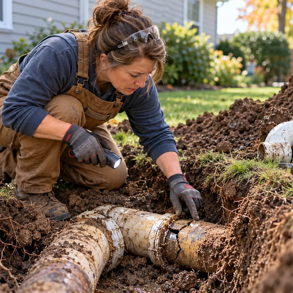 Plumber locates damaged underground pipe before residential excavation work begins.