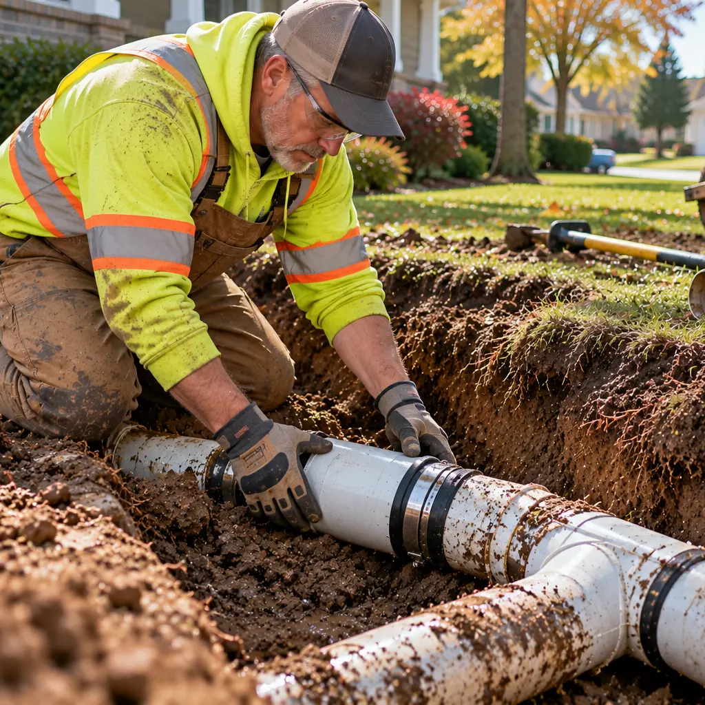 Plumber examines cracked underground pipe after targeted residential excavation work. 

