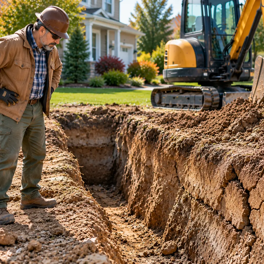 Plumber replaces damaged underground pipe section before backfilling excavation area. 
