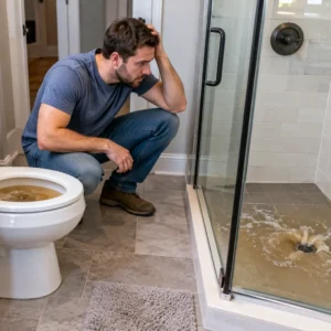 The homeowner notices multiple drains backing up from the damaged sewer line.