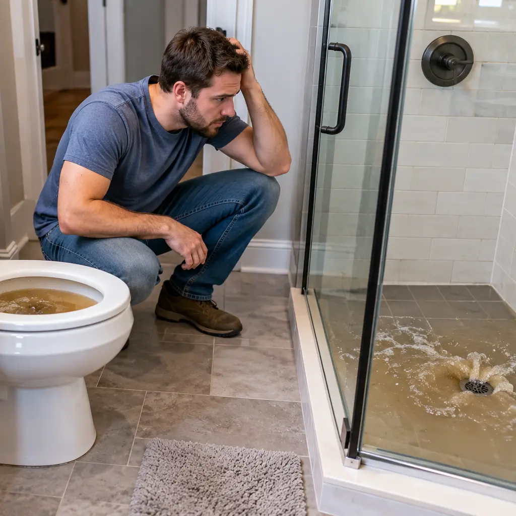 The homeowner notices multiple drains backing up from the damaged sewer line.