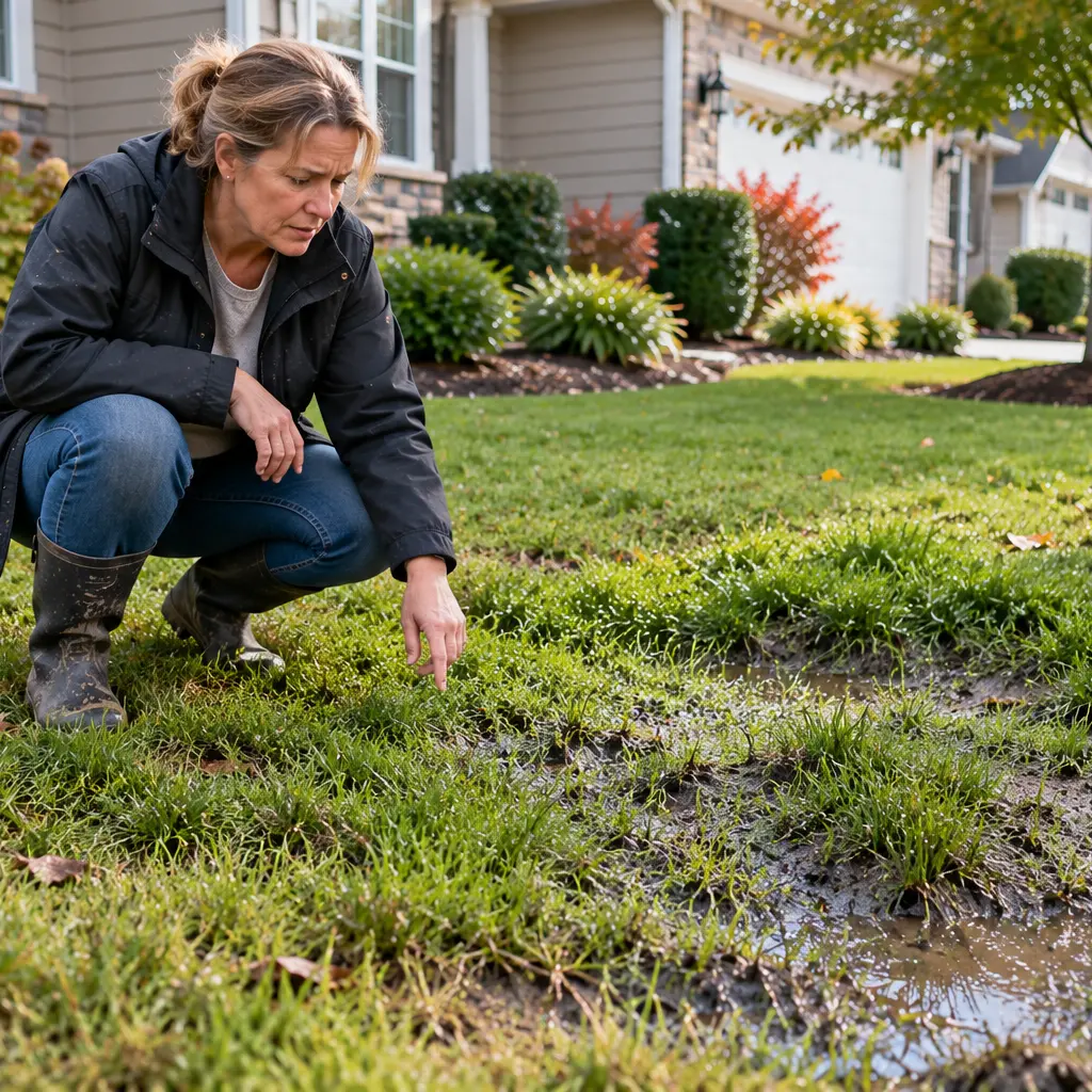 The homeowner examines the soggy sunken yard above the damaged underground sewer pipe.