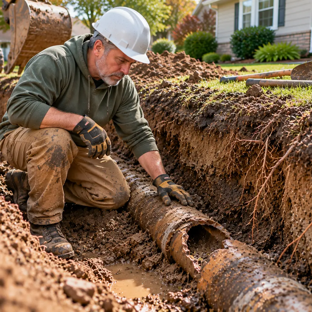 Plumber inspects collapsed sewer pipe exposed during residential excavation work.